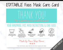 Load image into Gallery viewer, EDITABLE Face Mask Label Care Card, THANK YOU for Your Order Card, Face Mask Instructions, Business Labels, Mask Seller, Package Label Tag | Aqua Style 2
