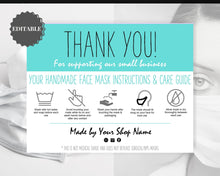 Load image into Gallery viewer, EDITABLE Face Mask Label Care Card, THANK YOU for Your Order Card, Face Mask Instructions, Business Labels, Mask Seller, Package Label Tag | Aqua Style 3
