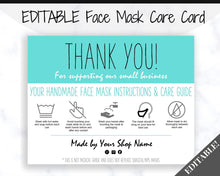 Load image into Gallery viewer, EDITABLE Face Mask Label Care Card, THANK YOU for Your Order Card, Face Mask Instructions, Business Labels, Mask Seller, Package Label Tag | Aqua Style 3
