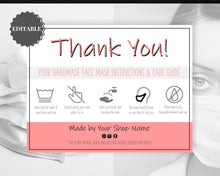 Load image into Gallery viewer, EDITABLE Face Mask Label Care Card, THANK YOU for Your Order Card, Face Mask Instructions, Business Labels, Mask Seller, Package Label Tag | Pink
