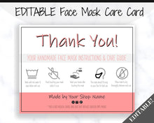 Load image into Gallery viewer, EDITABLE Face Mask Label Care Card, THANK YOU for Your Order Card, Face Mask Instructions, Business Labels, Mask Seller, Package Label Tag | Pink
