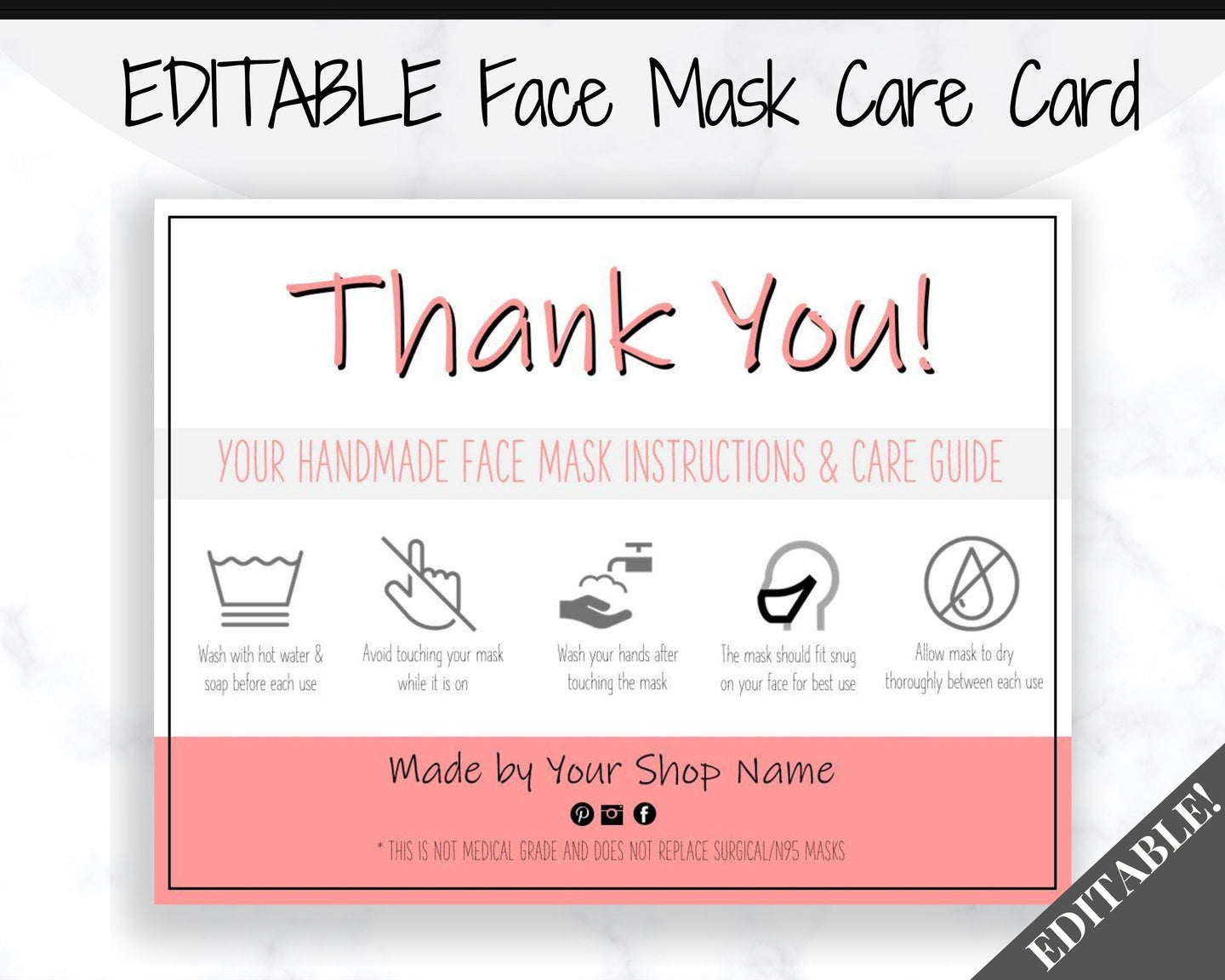 EDITABLE Face Mask Label Care Card, THANK YOU for Your Order Card, Face Mask Instructions, Business Labels, Mask Seller, Package Label Tag | Pink