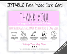 Load image into Gallery viewer, EDITABLE Face Mask Label Care Card, THANK YOU for Your Order Card, Face Mask Instructions, Business Labels, Mask Seller, Package Label Tag | Purple Style 1
