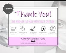 Load image into Gallery viewer, EDITABLE Face Mask Label Care Card, THANK YOU for Your Order Card, Face Mask Instructions, Business Labels, Mask Seller, Package Label Tag | Purple Style 2
