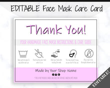 Load image into Gallery viewer, EDITABLE Face Mask Label Care Card, THANK YOU for Your Order Card, Face Mask Instructions, Business Labels, Mask Seller, Package Label Tag | Purple Style 2
