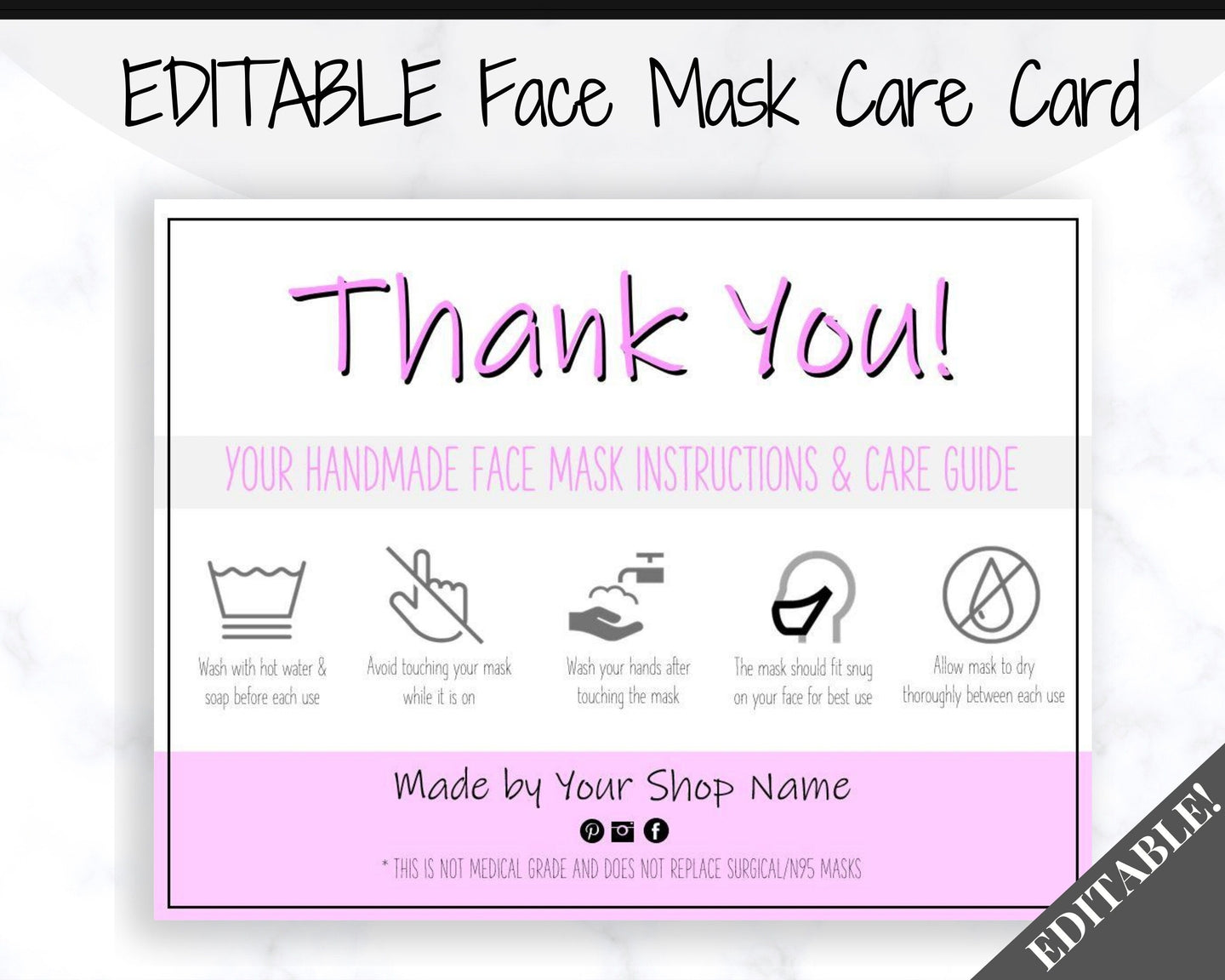 EDITABLE Face Mask Label Care Card, THANK YOU for Your Order Card, Face Mask Instructions, Business Labels, Mask Seller, Package Label Tag | Purple Style 2