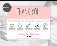 Load image into Gallery viewer, EDITABLE Face Mask Label Care Card, THANK YOU for Your Order Card, Face Mask Instructions, Business Labels, Mask Seller, Package Label Tag | Rose Pink
