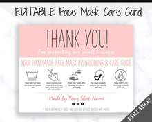 Load image into Gallery viewer, EDITABLE Face Mask Label Care Card, THANK YOU for Your Order Card, Face Mask Instructions, Business Labels, Mask Seller, Package Label Tag | Rose Pink
