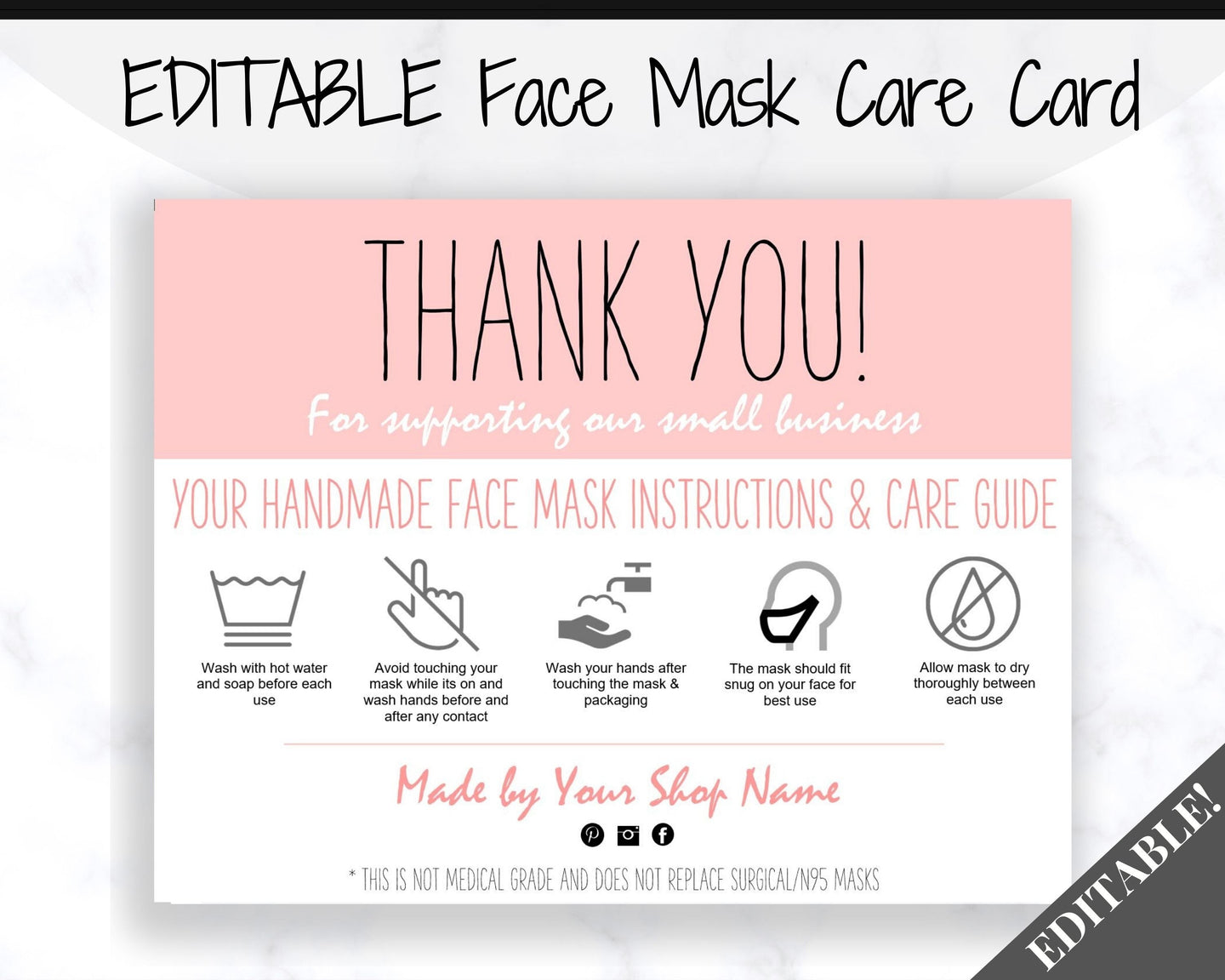 EDITABLE Face Mask Label Care Card, THANK YOU for Your Order Card, Face Mask Instructions, Business Labels, Mask Seller, Package Label Tag | Rose Pink