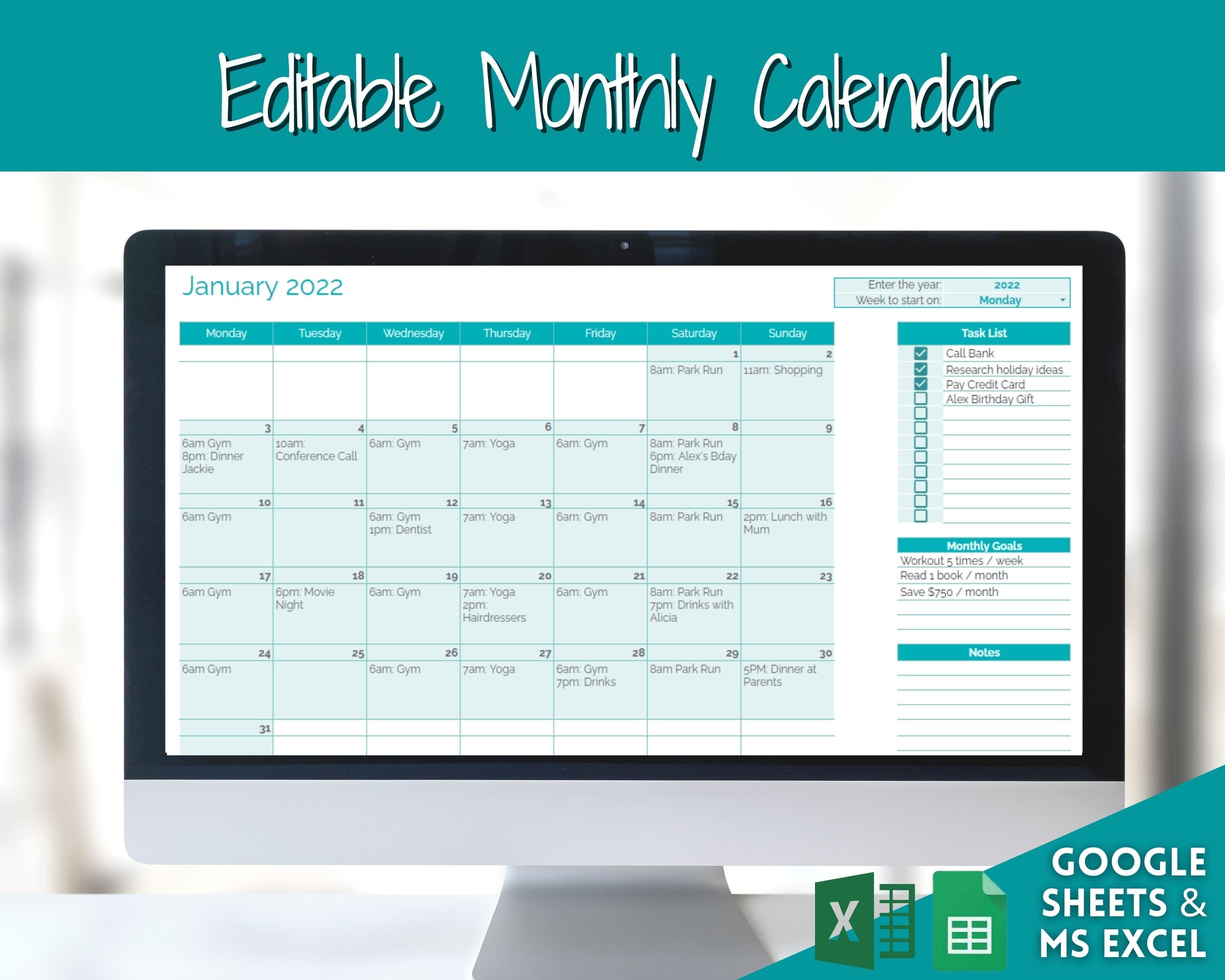 Monthly Planning Calendar Template Excel