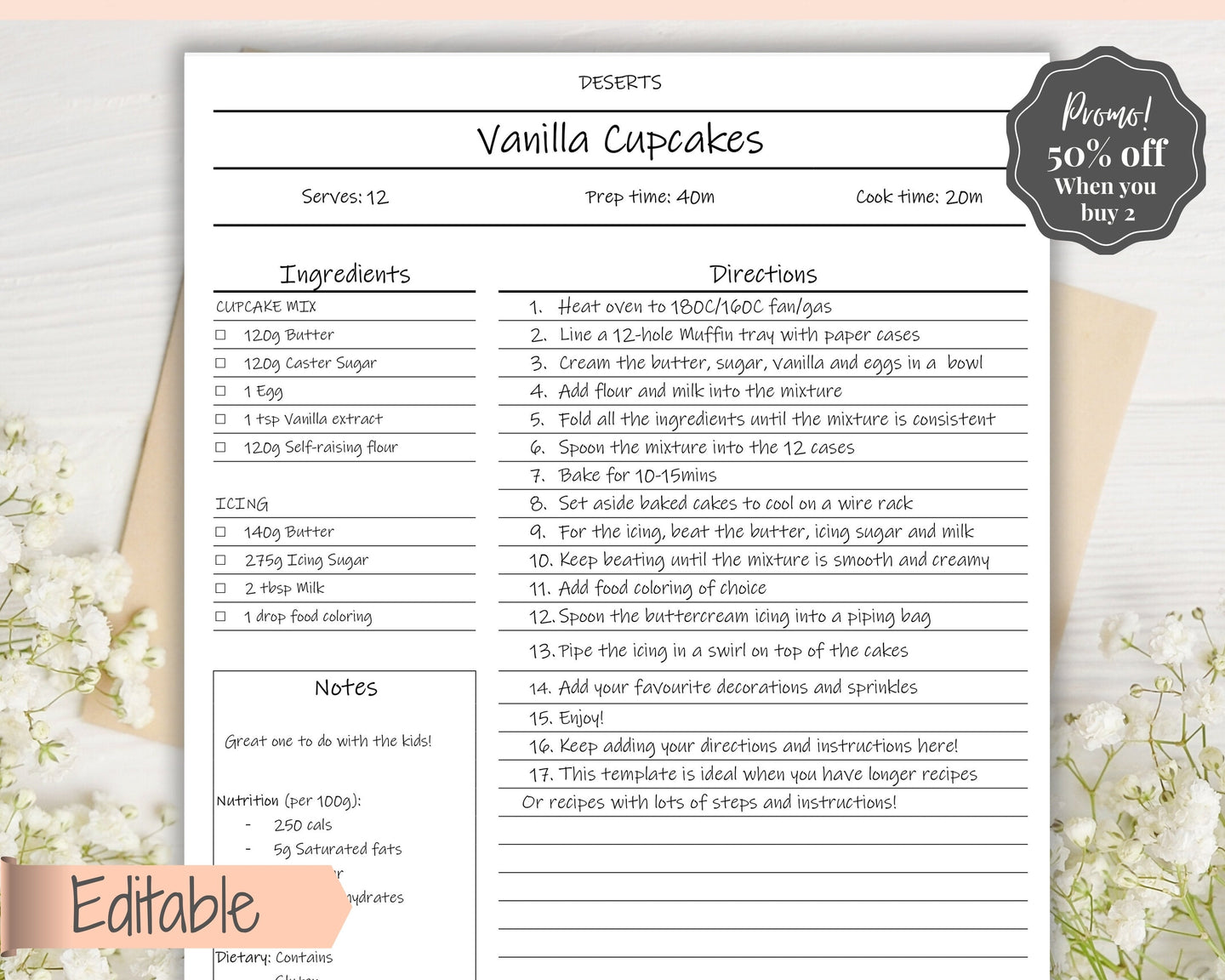 EDITABLE Recipe Book template, Recipe Sheet Template, Recipe Cards, Minimal Recipe Binder, 8.5x11 Printable Farmhouse, Food Planner Journal - No Photo Ink Free