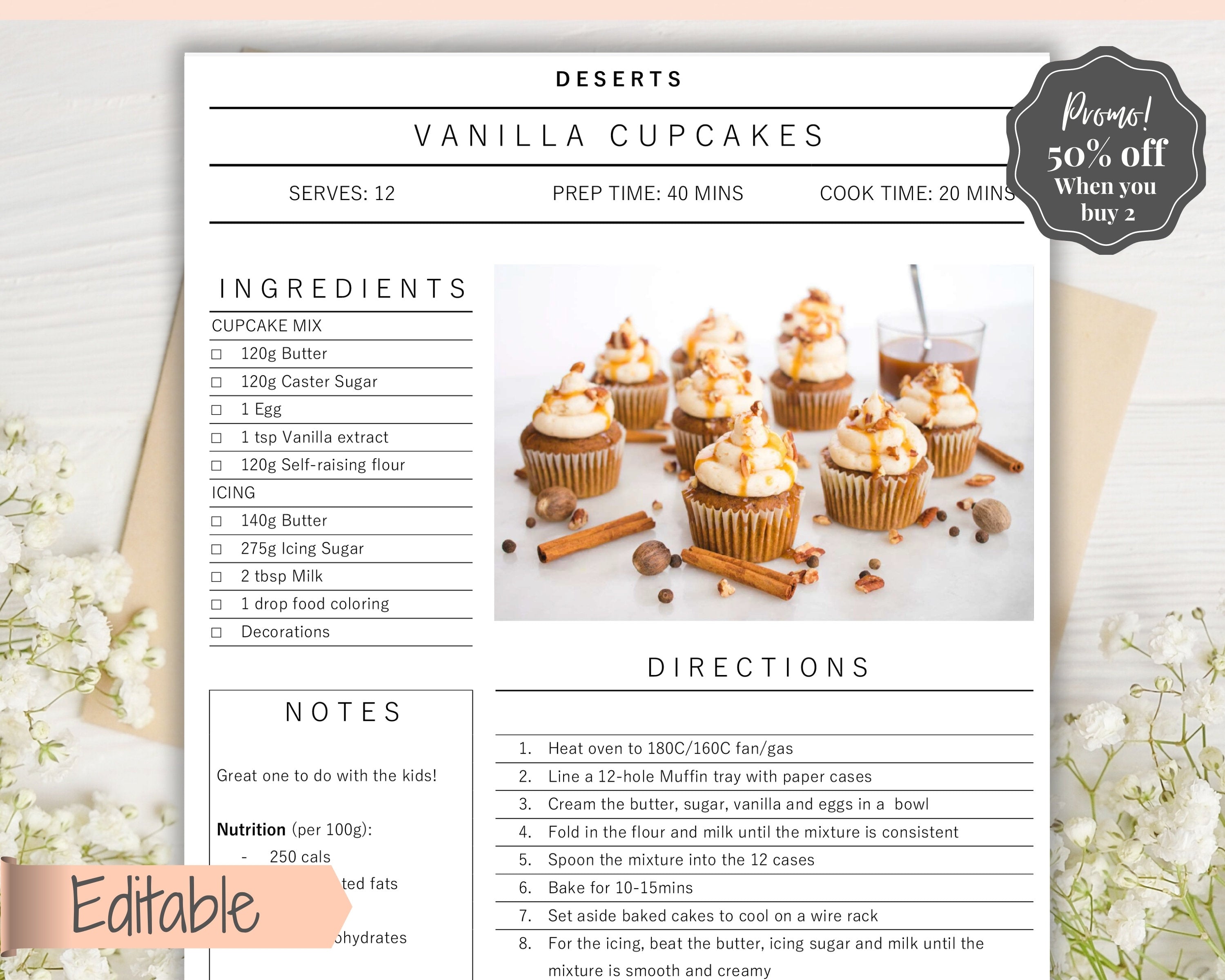 Editable Recipe Book Template, Recipe Sheets, Recipe Card Printables