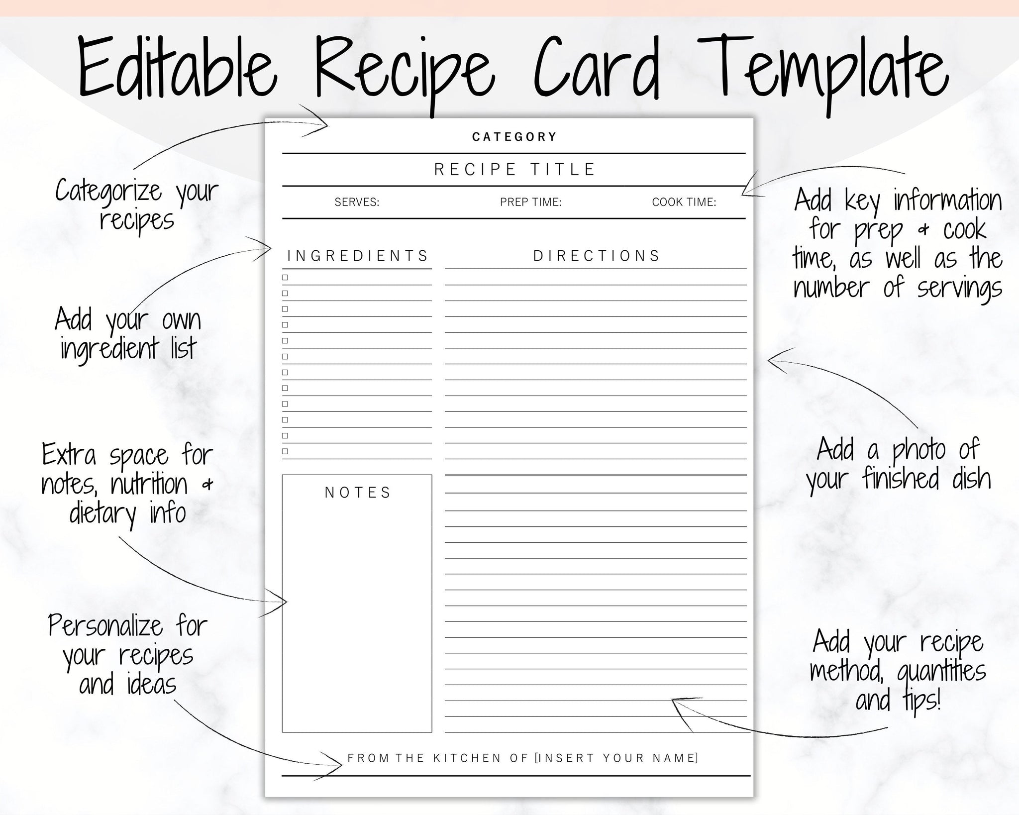 Recipe Book Template, EDITABLE Recipe Sheet Template, Recipe Cards, Minimal  Recipe Binder, 8.5x11 Printable Farmhouse, Food Planner Journal 