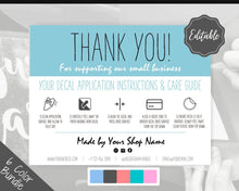 Load image into Gallery viewer, EDITABLE Vinyl Decal Thank You Business Card Instructions, Printable Decal Application Order Cards, DIY Sticker Seller Packaging Label | Blue
