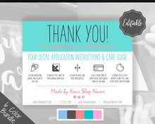 Load image into Gallery viewer, EDITABLE Vinyl Decal Thank You Business Card Instructions, Printable Decal Application Order Cards, DIY Sticker Seller Packaging Label | Teal
