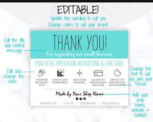 Load image into Gallery viewer, EDITABLE Vinyl Decal Thank You Business Card Instructions, Printable Decal Application Order Cards, DIY Sticker Seller Packaging Label | Teal
