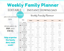 Load image into Gallery viewer, EDITABLE Weekly FAMILY PLANNER Command Center | Family Planner | Printable Family Calendar | Family Household Weekly Schedule | Homeschool - Style 1
