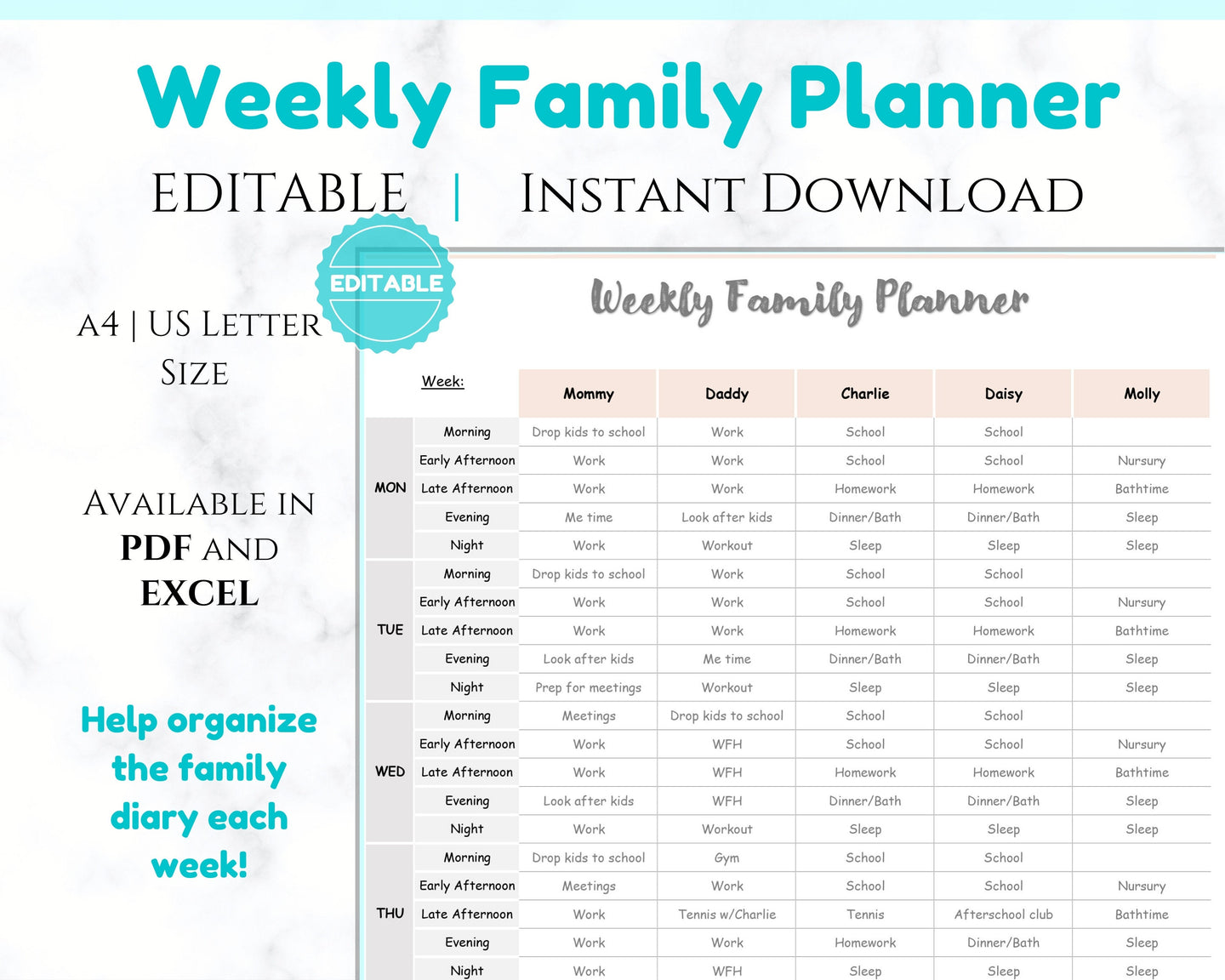 EDITABLE Weekly FAMILY PLANNER Command Center | Family Planner | Printable Family Calendar | Family Household Weekly Schedule | Homeschool - Style 1