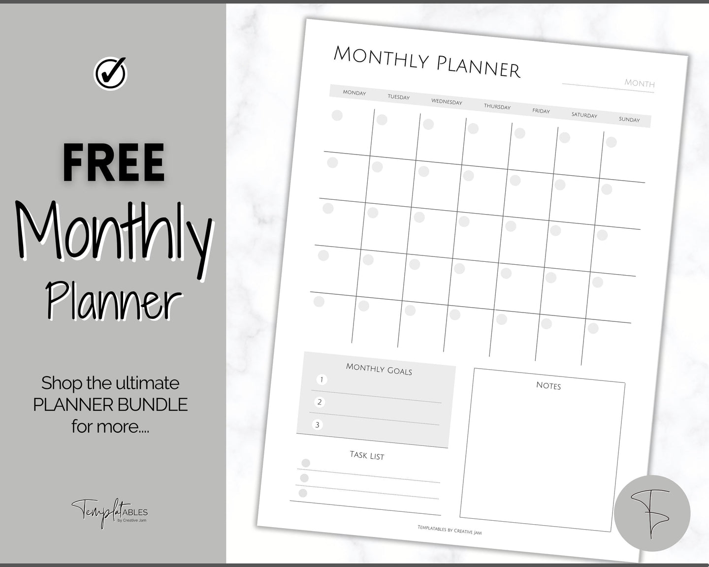 FREE - Monthly Planner Printable, Monthly Calendar, To Do List Printable, Undated Schedule, Productivity Template | Mono