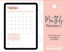 Load image into Gallery viewer, FREE - Monthly Planner Printable, Monthly Calendar, To Do List Printable, Undated Schedule, Productivity Template | Pink Watercolor Scrawl

