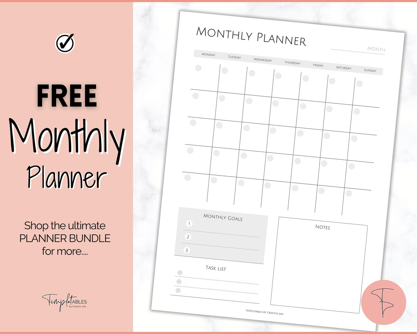 FREE - Monthly Planner Printable, Monthly Calendar, To Do List Printable, Undated Schedule, Productivity Template | Pink