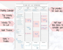 Load image into Gallery viewer, FRENCH Weekly Planner Printable, Français, Hourly Planner, Plan de la Semaine, Week on 2 pages, Weekly Schedule, Undated Planner, To Do List - Style 1
