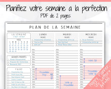 Load image into Gallery viewer, FRENCH Weekly Planner Printable, Français, Hourly Planner, Plan de la Semaine, Week on 2 pages, Weekly Schedule, Undated Planner, To Do List - Style 1
