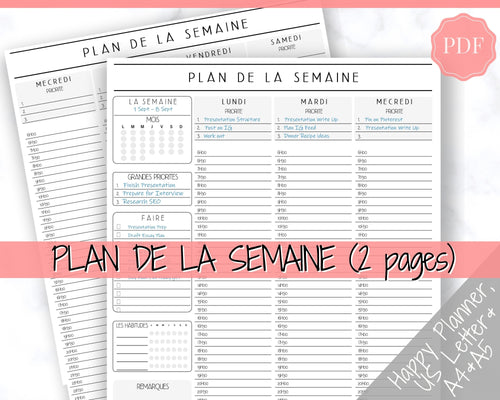 FRENCH Weekly Planner Printable, Français, Hourly Planner, Plan de la Semaine, Week on 2 pages, Weekly Schedule, Undated Planner, To Do List - Style 1