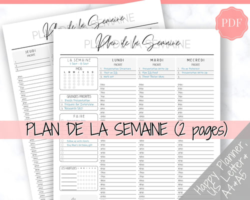 FRENCH Weekly Planner Printable, Français, Hourly Planner, Plan de la Semaine, Week on 2 pages, Weekly Schedule, Undated Planner, To Do List - Style 2