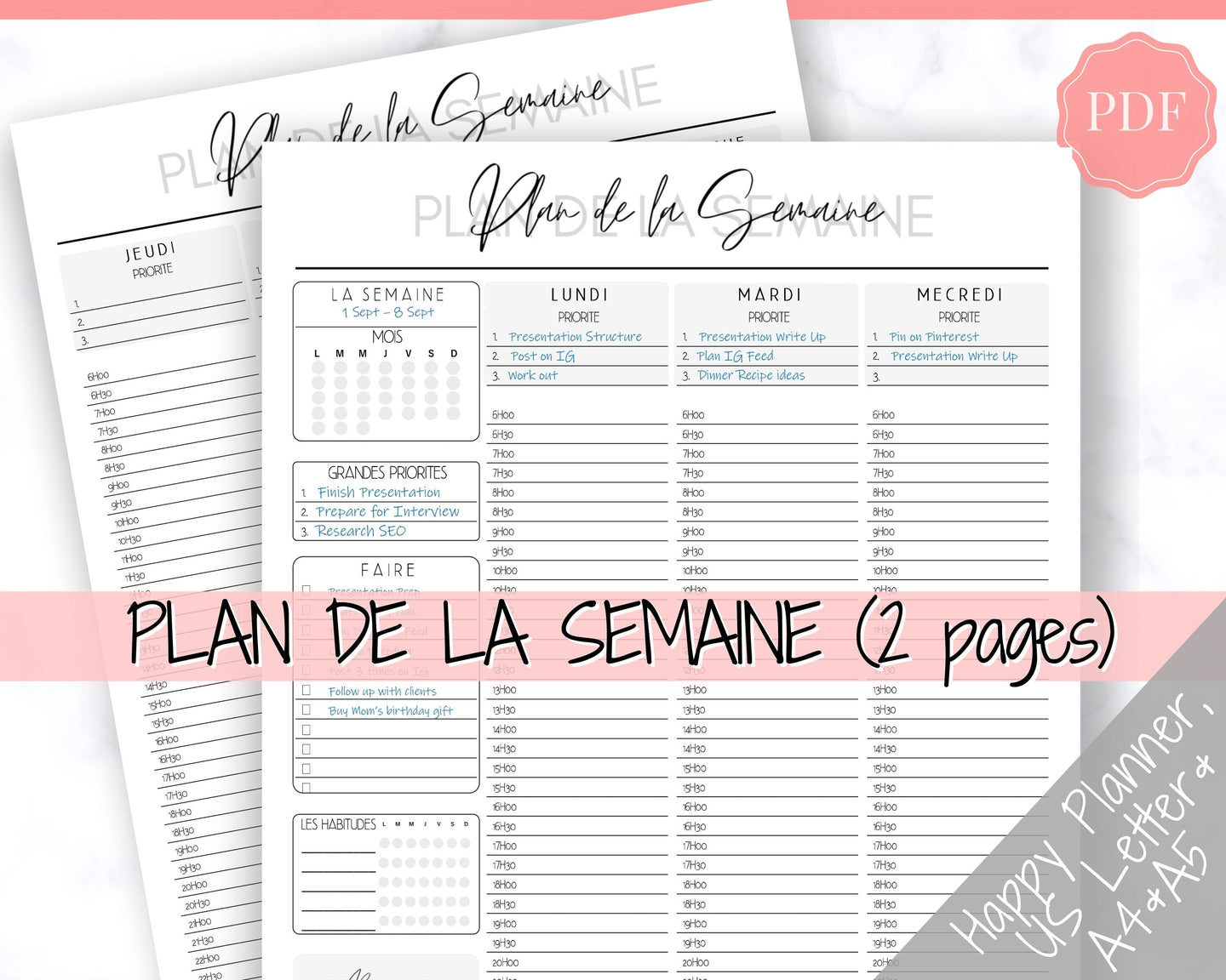 FRENCH Weekly Planner Printable, Français, Hourly Planner, Plan de la Semaine, Week on 2 pages, Weekly Schedule, Undated Planner, To Do List - Style 2