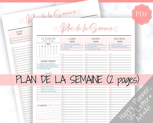 FRENCH Weekly Planner Printable, Français, Hourly Planner, Plan de la Semaine, Week on 2 pages, Weekly Schedule, Undated Planner, To Do List - Style 3