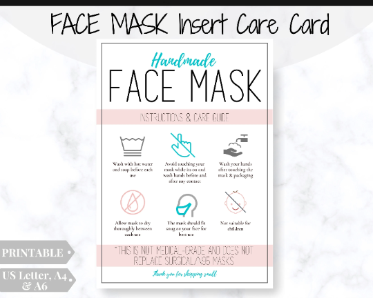 Face Mask LABEL CARE CARD, How to Handle Order Card, Face Mask Printable Instructions, Business Labels, Face Mask Seller, Package Label Tag | Pink & Aqua