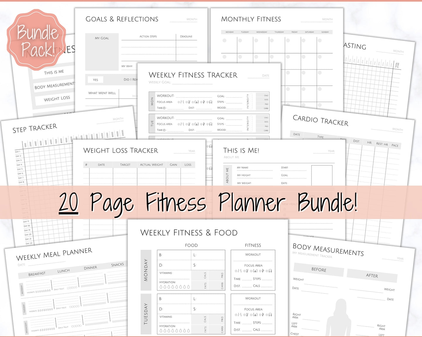 Fitness Planner, Weight Loss Tracker, BUNDLE, Workout Planner Fitness Journal, Wellness, Health Goal, Meal Planner, Self Care, Habit Tracker | Mono