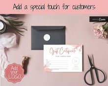 Load image into Gallery viewer, Gift Certificate Template. Editable ROSE GOLD Gift Voucher, Add Logo to Gift Card! DIY Shop Voucher Template. Last minute Coupons, Canva | Style 20
