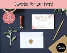 Load image into Gallery viewer, Gift Certificate Template. Editable ROSE GOLD Gift Voucher, Add Logo to Gift Card! DIY Shop Voucher Template. Last minute Coupons, Canva | Style 20
