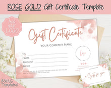 Load image into Gallery viewer, Gift Certificate Template. Editable ROSE GOLD Gift Voucher, Add Logo to Gift Card! DIY Shop Voucher Template. Last minute Coupons, Canva | Style 20
