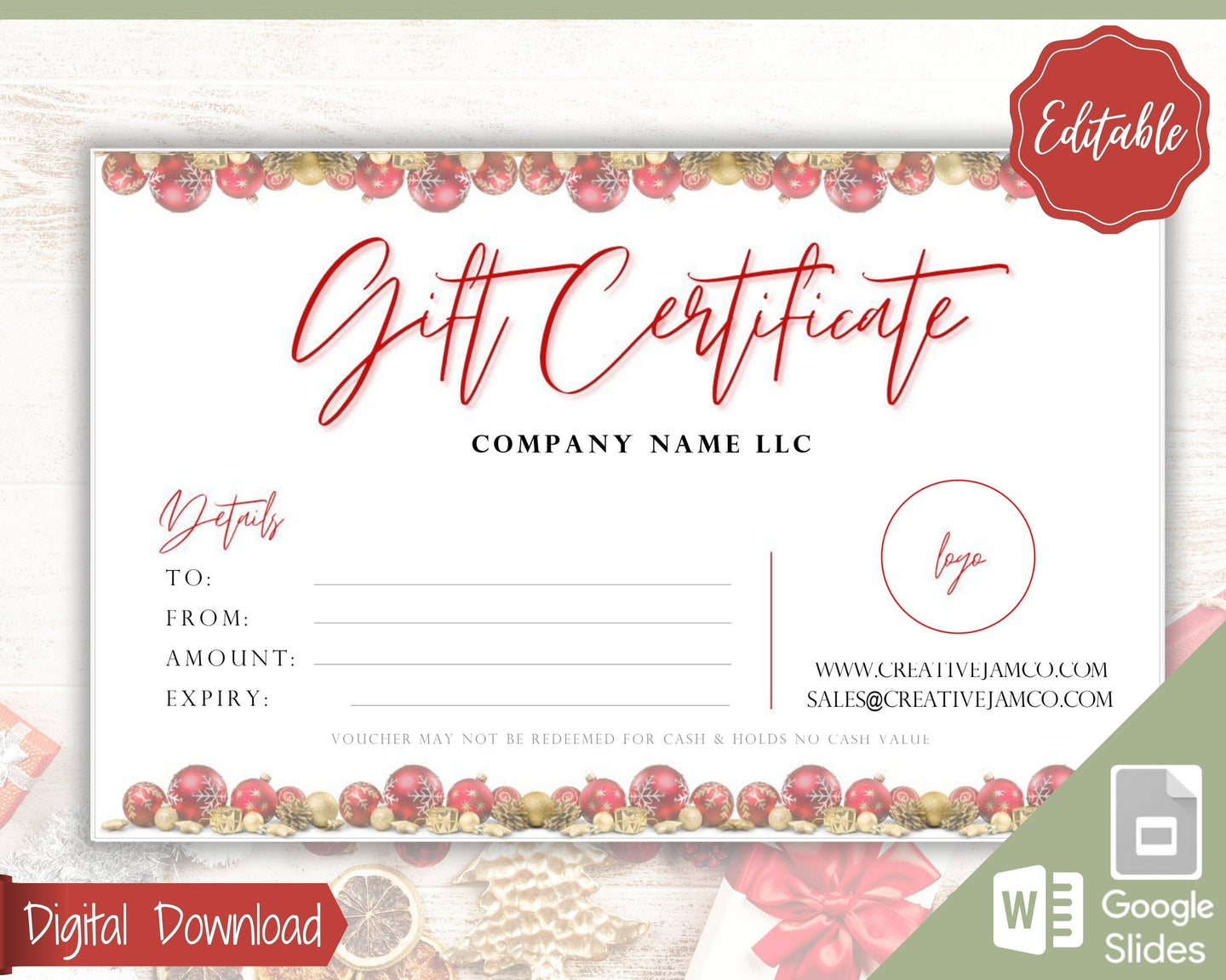 Gift Voucher, CHRISTMAS Gift Certificate Template. Editable Gift Card template, DIY Shop Voucher Coupons. Last minute Gift. Google Slides | Christmas Style 1