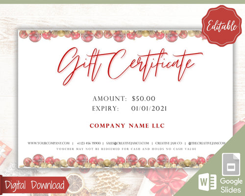 Gift Voucher, CHRISTMAS Gift Certificate Template. Editable Gift Card template, DIY Shop Voucher Coupons. Last minute Gift. Google Slides | Christmas Style 2