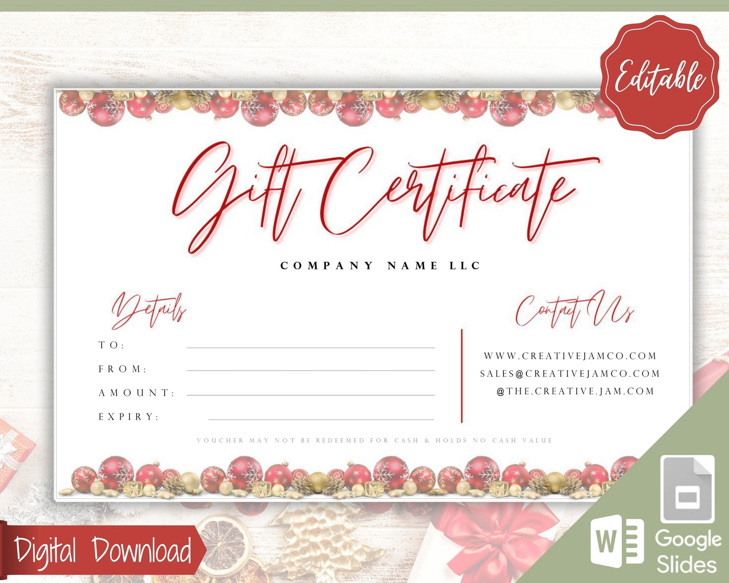 Gift Voucher, CHRISTMAS Gift Certificate Template. Editable Gift Card template, DIY Shop Voucher Coupons. Last minute Gift. Google Slides | Christmas Style 3