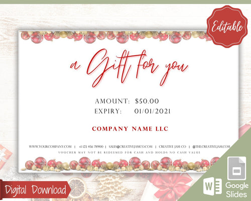 Gift Voucher, CHRISTMAS Gift Certificate Template. Editable Gift Card template, DIY Shop Voucher Coupons. Last minute Gift. Google Slides | Christmas Style 4