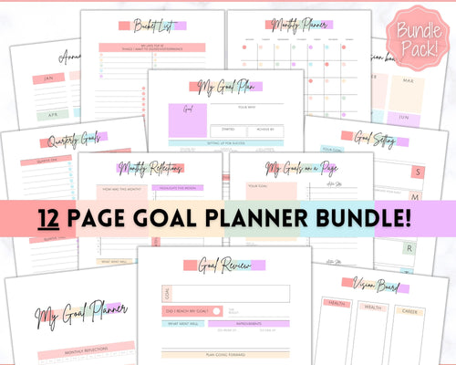 Goal Planner BUNDLE, 2022 Goals Tracker, SMART Goal Setting Kit, New Year, Monthly Habits Reflections, Productivity, Vision Board Printables | Pastel Rainbow