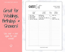 Load image into Gallery viewer, Guest List Tracker, Editable Guest List Template with RSVP, Party, Events, Birthday &amp; Wedding Guest List, Wedding Planner Printable, Gifts | Style 1
