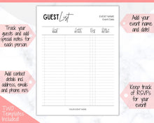 Load image into Gallery viewer, Guest List Tracker, Editable Guest List Template with RSVP, Party, Events, Birthday &amp; Wedding Guest List, Wedding Planner Printable, Gifts | Style 1
