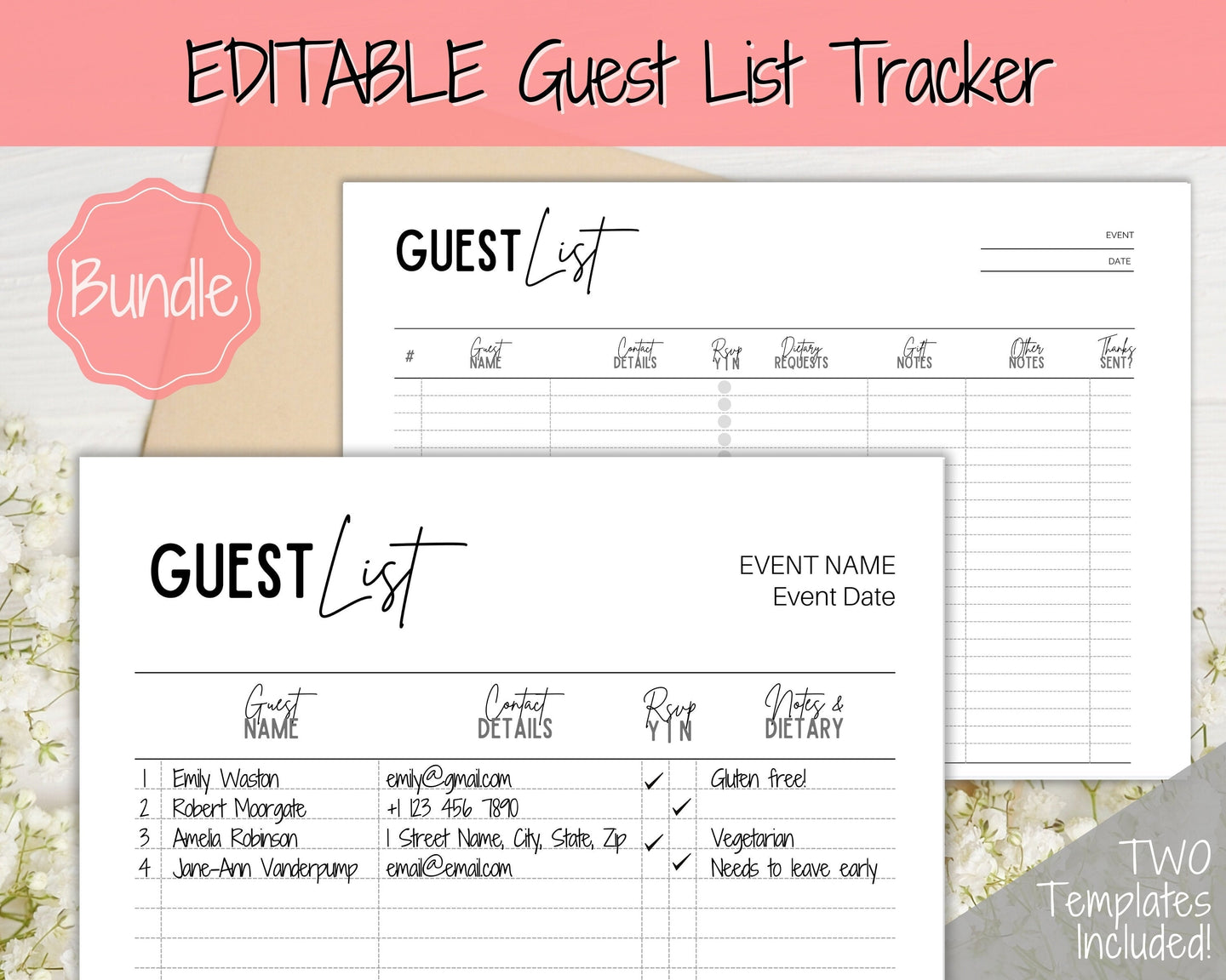 Guest List Tracker, Editable Guest List Template with RSVP, Party, Events, Birthday & Wedding Guest List, Wedding Planner Printable, Gifts | Style 1