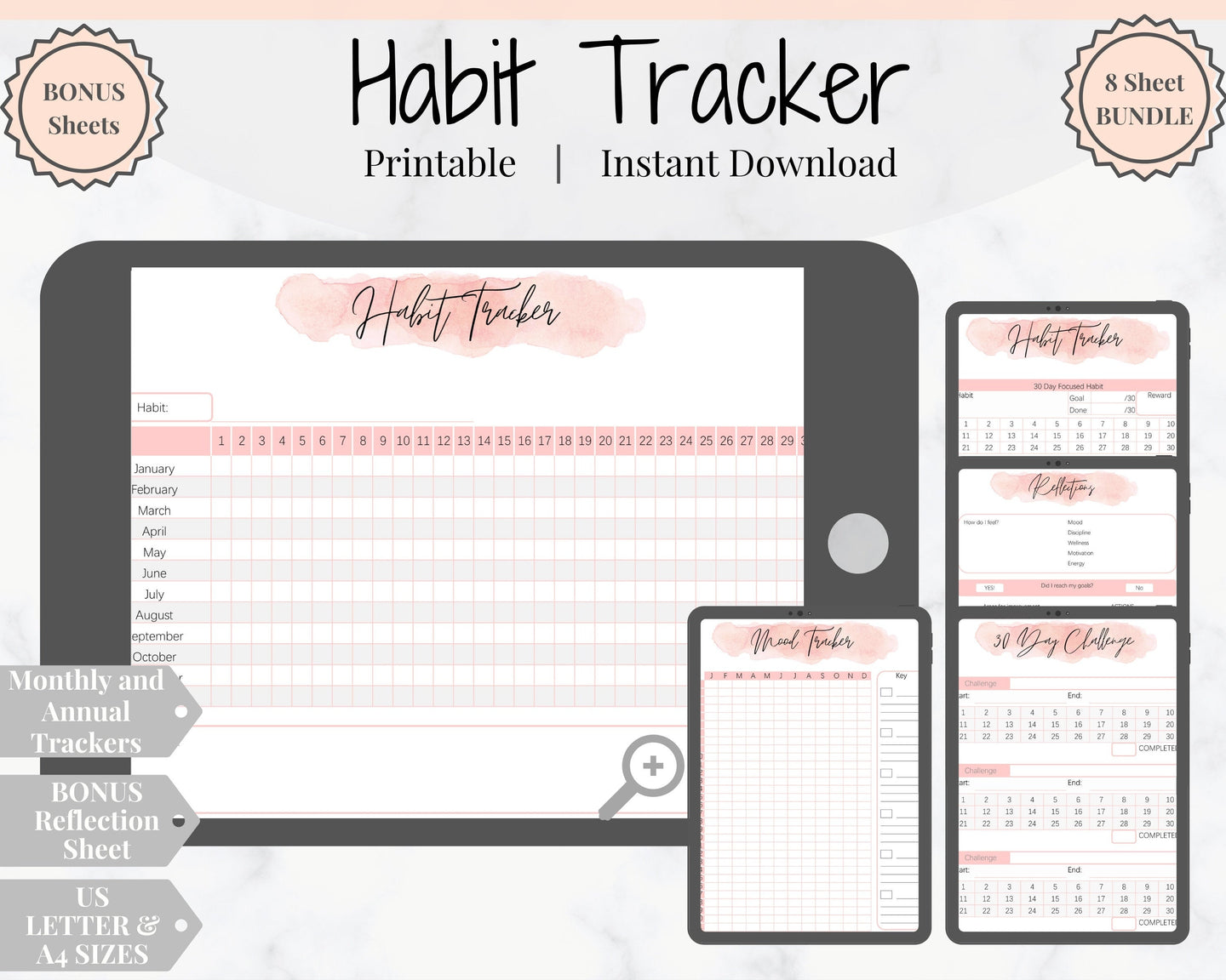 HABIT TRACKER Printable with Mood Tracker for Gratitude Journal. Initiative tracker with goal planner. Monthly habit tracker. Productivity.