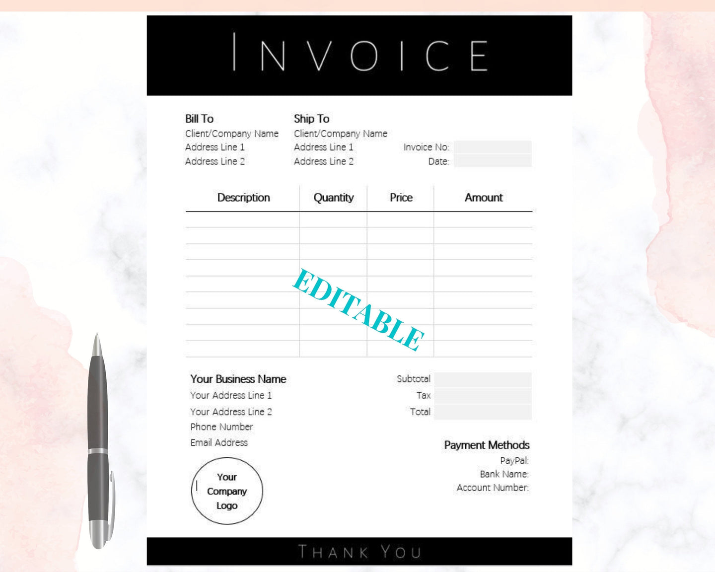INVOICE TEMPLATE Order Form, EDITABLE Custom Receipt Template, Printable Customer Sales Order Invoice, Minimal Receipt Invoice Business form | Style 18