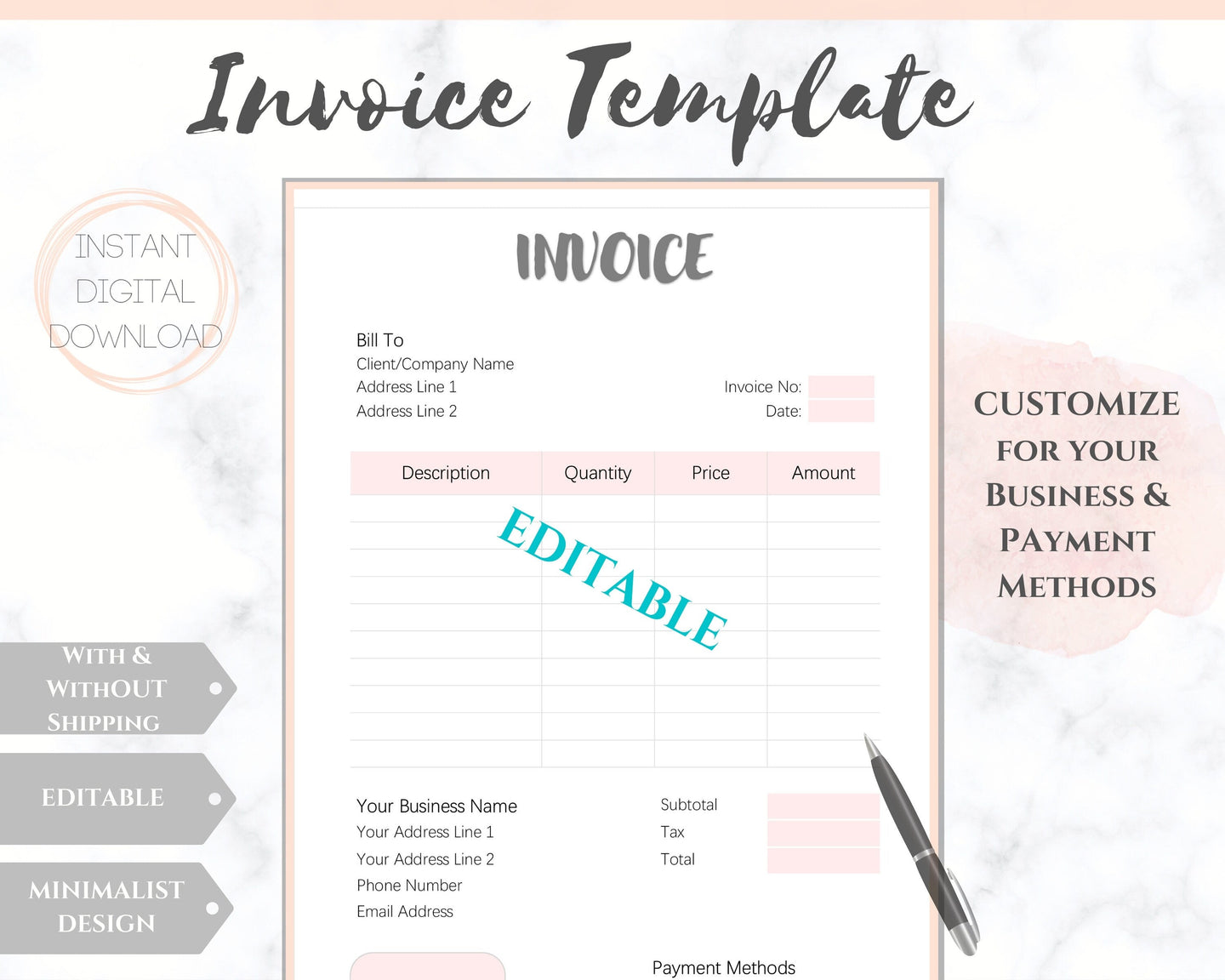 INVOICE TEMPLATE Order Form, EDITABLE Custom Receipt Template, Printable Customer Sales Order Invoice, Receipt Invoice Business form planner | Style 16