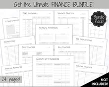 Load image into Gallery viewer, Income and Expenses Tracker BUNDLE with Savings &amp; Bill Tracker, Budget Planner Printable Templates, Bills, Spending, Personal Finance Planner Binder | Mono
