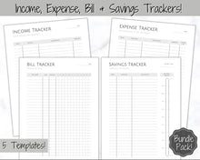 Load image into Gallery viewer, Income and Expenses Tracker BUNDLE with Savings &amp; Bill Tracker, Budget Planner Printable Templates, Bills, Spending, Personal Finance Planner Binder | Mono
