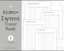 Load image into Gallery viewer, Income and Expenses Tracker BUNDLE with Savings &amp; Bill Tracker, Budget Planner Printable Templates, Bills, Spending, Personal Finance Planner Binder | Mono
